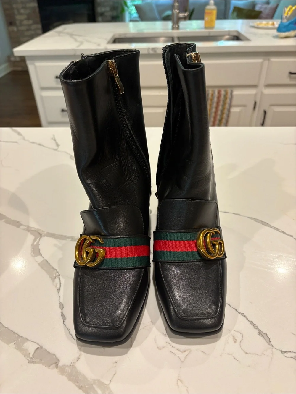 Gucci Black Leather Ankle Boots with Green and Red Web & Gold GG